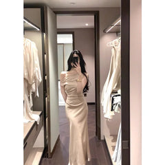 LIZAKOSHT - French Temperament Satin Dress New Summer Oblique Shoulder Sling Collar Fishtail Skirt for Women