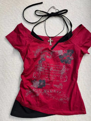 LIZAKOSHT - American Retro Red Fake Two-piece Letter Print Halter Neck T-shirt Women Fashion Street Hotties Harajuku Millennium Y2K Top