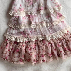 LIZAKOSHT - Summer New Sweet Print Retro Skirt Suits Women Lace Patchwork Tops + Fluffy Skirts French Elegant Slim Vintage 2 Piece Sets