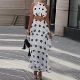 LIZAKOSHT - Polka Dot Print Holiday Skirt Outfits Sexy Halter Sleeveless Top & Layered Ruffle Skirt Set Women Elegant Luxury Slim 2Pc Suits