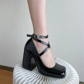 LIZAKOSHT - Mary Janes Patent Leather Square Toe Cross Tie High Heels Women Pumps Buckle Strap Shallow Popular Classic Sweet Female Shoes
