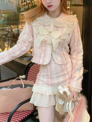 LIZAKOSHT - Pink Kawaii Elegant Skirt Suit Women Plaid Korean Sweet Two Piece Set Winter Long Sleeve O-neck Coat + Party Mini Skirt New