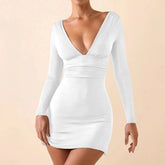 LIZAKOSHT - Women's Sexy V-neck Backless Long Sleeved Fashionable New Short Skirt Hot Selling Hip Hugging Dress