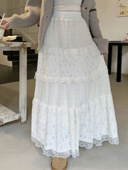 Lizakosht White Lace Long Skirt Women Vintage Fashion Hollow Out Cake Skirts Female Korean Casual Midi Dress Autumn Slim Ruffles Skirt