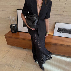 LIZAKOSHT - Sexy Women Lace High Waist Elastic See Through Party Club Maxi Skirts Elegant Ladies Summer Party Skirt 2025 Ladies Beachwear