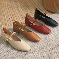 LIZAKOSHT - Woman Summer Casual Square Toe Low Soft Soled Shoes Lolita Ballerina Solid Color Flats Female Elegant French Retro Mary Janes