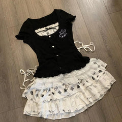 LIZAKOSHT  -  Summer Japanese Kawaii Patchwork Dress Women Cute Short Tops + Mini Pleated Skirts New Y2k Lace Bow Subculture Sweet Set