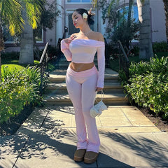 Lizakosht 2 Piece Sets Women Bodycon Pink Y2k Cute Outfits Slash Neck Long Sleeve Crop Top Flare Pants Matching Sets Casual Streetwear