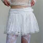 LIZAKOSHT - Mini Skirts Solid Patchwork Lace A-Line Pleated Skirts Basic Mid-Waisted Sweet Women Summer Fashion Streetwear Lady