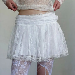 LIZAKOSHT - Mini Skirts Solid Patchwork Lace A-Line Pleated Skirts Basic Mid-Waisted Sweet Women Summer Fashion Streetwear Lady