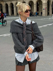 LIZAKOSHT - Solid Slash Neck Knit Pullover For Women Fashion Off Shoulder Long Sleeve Sweater Autumn Casual Loose Female Street Jumpers