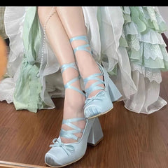 LIZAKOSHT - Silk Square Toe Women High Heel Ballet Shoes Lace Up Fashion Women Pumps Chunky Heels Lolita Shoes Women Mary Janes Shoes