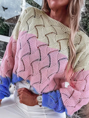 LIZAKOSHT  -  Autumn Elegant O-neck Pullover Sweaters Fashion Color Splicing Hot Sale Knitted Top Winter Women Casual Long Sleeve Loose Jumper