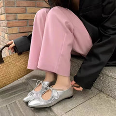 LIZAKOSHT - Spring/Summer Women Shoes Ballet Flats Ladies Leather Shoes Girl New Narrow Band Silver Flats Bling Bling Gold Round Loafer