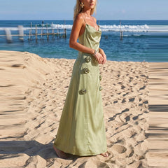 LIZAKOSHT - 3D Flower Decoration Satin Beach Long Dress Sexy Halter Sleeveless Draped Party Dress Women Elegant Backless Split Hollow Gowns