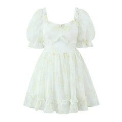 LIZAKOSHT - Women Wood ears Puff Sleeve Ruffles Hem Swing Short Fairy Cake Robe Princess Girl Flower Print Ruched Ball Gown Dress Retro