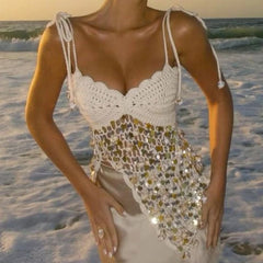 LIZAKOSHT - Women Y2K Sequin Sparkle Knit Cami Vest Shell Glitter Halter Tank Top Boho Beach Crochet Backless Tie Up Crop Top
