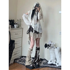 LIZAKOSHT - Y2k Harajuku Women's Kint Sweater Rabbit Ear Knitwear Hollow Out Grunge Pullovers Spring Oversize Gothic Jumper Korean