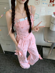LIZAKOSHT  -  Sweet Spice Girl Bear Bow Suit Women Summer Pink Vest Sling+High Waist Elasticity Casual Workwear Wide Leg Trousers 2-Piece Set