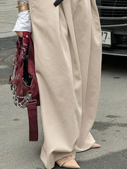 LIZAKOSHT - Casual Khaki Pleated Wide Legs Pants Women Chic High Waist Baggy Trousers Female 2025 Spring Summer New Fashion Office Pant