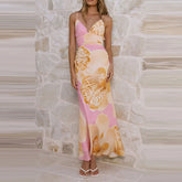 LIZAKOSHT - Women's sexy V-neck sleeveless long dress with printed summer fashion beach dress Bohemian casual backless dress