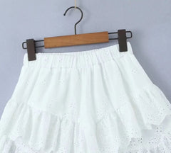 LIZAKOSHT - Summer French Elegant Lace Cake Skirt Fashion Mini Skirt Women Vintage Cotton A-line High Waist White Skirts Womens