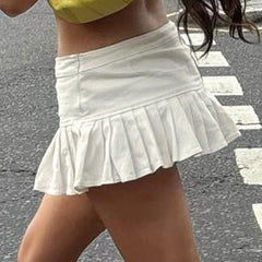 LIZAKOSHT  -  Sexy Low Waisted Pleated Skirts for Women Solid Y2K Aesthetic Korean Bottoms Clubwear Fashion 90s Cute Outfits