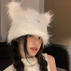 Lizakosht Y2k Plush Cute Rabbit Ears Pullover Women's Hats Autumn and Winter Fashion Warm Korean Street Snap Sweet Cartoon Beanies Cap
