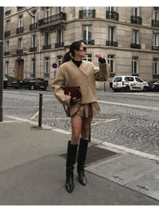 LIZAKOSHT - Women V-neck Khaki Thicken Wool Jacket Autumn Winter Chic Loose Blend Coat Female Streetwear Warm Outfit Coats for Women