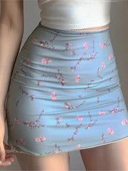 LIZAKOSHT - Print Mesh High Waist Mini Skirt Ladies Kawaii skirt premium pastel Lace-up sweet Y2k Harajuku Kawaii Sexy Pencil Skirt
