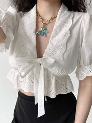 LIZAKOSHT - White Crop Blouses Women Summer Short Sleeve Top Female Sweet Vintage Bandage Shirt Ladies Elegant Chic V-Neck Blusas Ropa Mujer