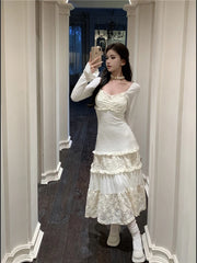 LIZAKOSHT - Spring Elegant Knitted Dress Women Lace Patchwork Koeran Princess Midi Dress Female Casual Sweet Even Party Fairy Dress