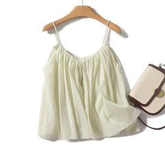 LIZAKOSHT - New 2024 Women Sexy Thin Straps Pleated Ramie Summer Camis Casual Loose Holiday Crop Top