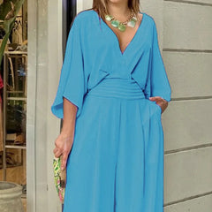 LIZAKOSHT - Elegant Deep V Neck Fashion Women Jumpsuit Bat Sleeves High Waist Wide-leg Loose Commuting Party Club Romper 2025