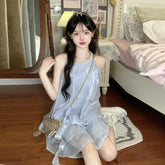 LIZAKOSHT - Women's Sweet Fairy Halter Neck Mini Dress French Style Sleeveless Ruffle Dress for Petite