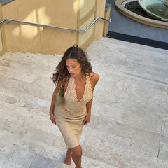 LIZAKOSHT - New Sexy Lace Splicing Short Dress V-Neck Hollow Out Sleeveless Backless Party Club Vestidos 2025 Summer Women's Evening Dress