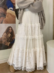 Lizakosht White Lace Long Skirt Women Vintage Fashion Hollow Out Cake Skirts Female Korean Casual Midi Dress Autumn Slim Ruffles Skirt