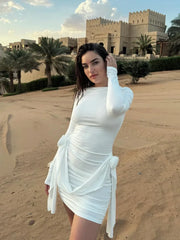 LIZAKOSHT - Women Sexy Pleated 3d Flower Mini Dress Elegant Slash Neck Long Sleeve Bodycon Short Vestidos 2024 New Female Club Party Dresses