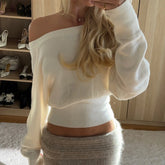 LIZAKOSHT - Casual Off-Shoulder Sweater Women's Autumn Warm Long-Sleeved Knitted Sweater Solid High Waist Loose Female Knitted Top