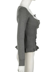 LIZAKOSHT - Casual Sweet Patchwork Dot Bow T Shirt Slim Square Collar Long Sleeve Tees Women Autumn Spring Fashion Streetwear