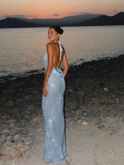 LIZAKOSHT - Hanging Neck Sequin Dress Sexy Shiny Backless Maxi Dress V-neck Floor Length Sleeveless Lace Up Summer Vacation Women's Clothing