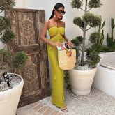 LIZAKOSHT - Knitted Halter Hollow Out Long Dress Women Backless Sleeveless Tassels Vacation Long Dresses Beach Solid Street Summer Robe