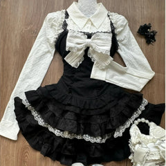 LIZAKOSHT - Y2k Aesthetic Lolita Style 3 Piece Set Women Kawaii White Shirt Bow Lace Vest Ruffle Mini Skirts Japan Fashion Gothic Skirt Suit