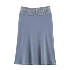 LIZAKOSHT - 3 colors Retro Spliced Lace Low Waist Knitted Midi Long Skirt Spring Summer Women A-lined Skirts Femme Grayblue Black Brown