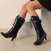 LIZAKOSHT - Big Size Shoes Woman Thigh-High Boots Lace Up Round Toe Large Size Over-the-Knee High Heel Rock Rubber Ladies Riding Lace-Up PU