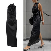 LIZAKOSHT - Black Satin Slit Neck Sleeveless Dress Matte Soft Bodycon Long Dress, Off Shoulder Zipper Tie Belt Elegant Party Gown