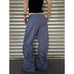 LIZAKOSHT - Chic Gray Cargo Jeans Y2k Streetwear Casual Loose Denim Pants For Women Aesthetic 90s Low Waist Straight-leg Trousers