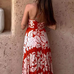LIZAKOSHT  -  Sexy Printed Pleated Halter Maxi Dress Women Fashion Sleeveless Backless High Waist Dresses Summer Elegant Party Vacation Robe