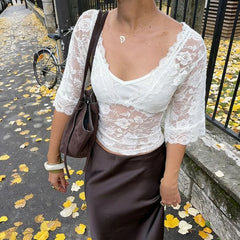 LIZAKOSHT - New Euramerican Summer Spliced Lace Fake Two Piece Y2k V Neck Half Sleeve See-throught Women Shirts Harajuku Temperament Tops