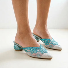 LIZAKOSHT - Italian Ladies Soft Sandals Pretty Blue Embroidered Mesh Mules for All Occasions Women's Comfortable Shoes Hot Selling Style
